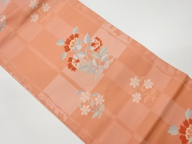 JAPANESE KIMONO / VINTAGE NAGOYA OBI / WOVEN FLORAL PLANTS & CHECKERED